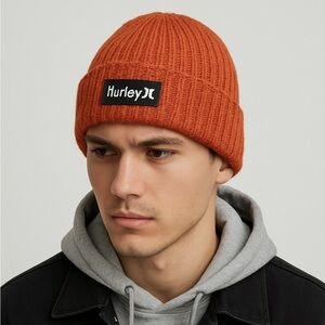 NEW Hurley Men's Orange Cuffed Logo Beanie Sport Athletic Logo Hat Streetwear